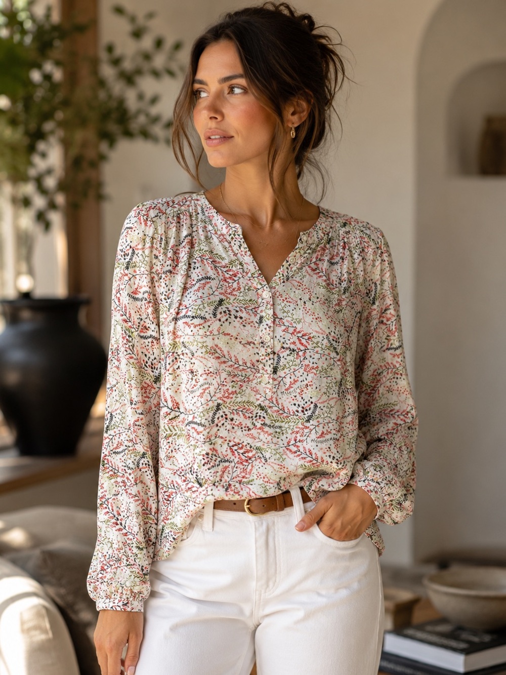 LOFT Floral Button Front Blouse Ivory Pink Green Print Long Sleeve Top Medium